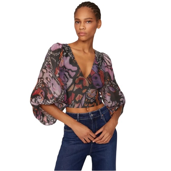 Hutch Tops - Hutch Hart Butterfly Print Open Back Crop Top Balloon Sleeve Purple Orange L